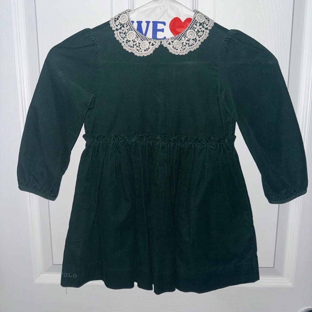 RL Toddler Girl Green Corduroy Dress with Lace Collar in Size 2T